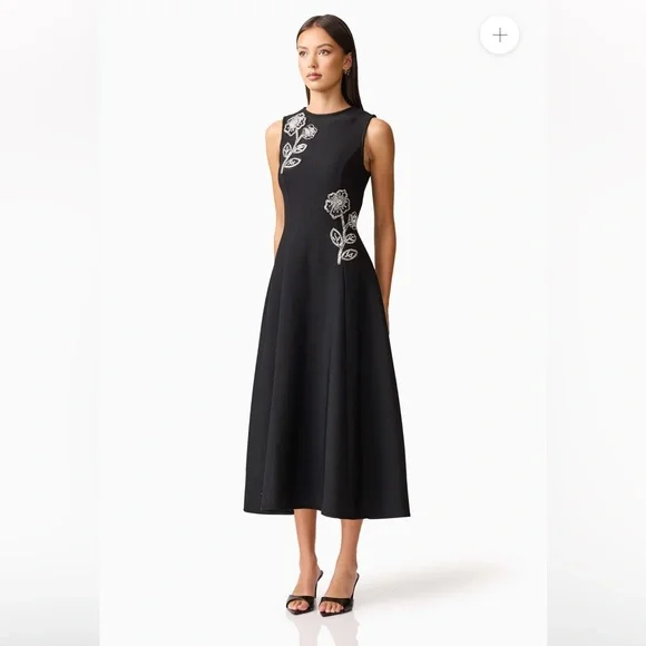 elliatt soleil black 3d flower sequin embellished knit A-line midi dress small - Picture 5 of 15